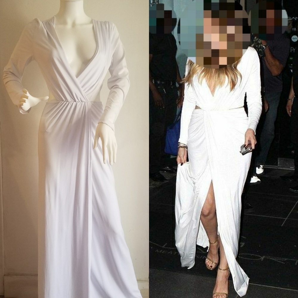 New : White , long sleeve Deep V Neck Dress